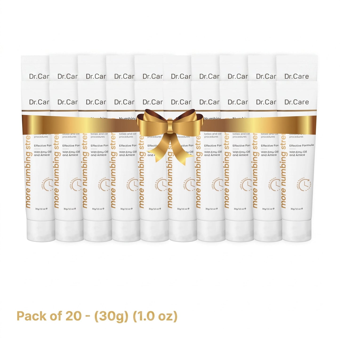 Twenty 30g tubes of Dr. Care Numbing Cream tied with a gold ribbon, the largest pay for 10 get 10 free option