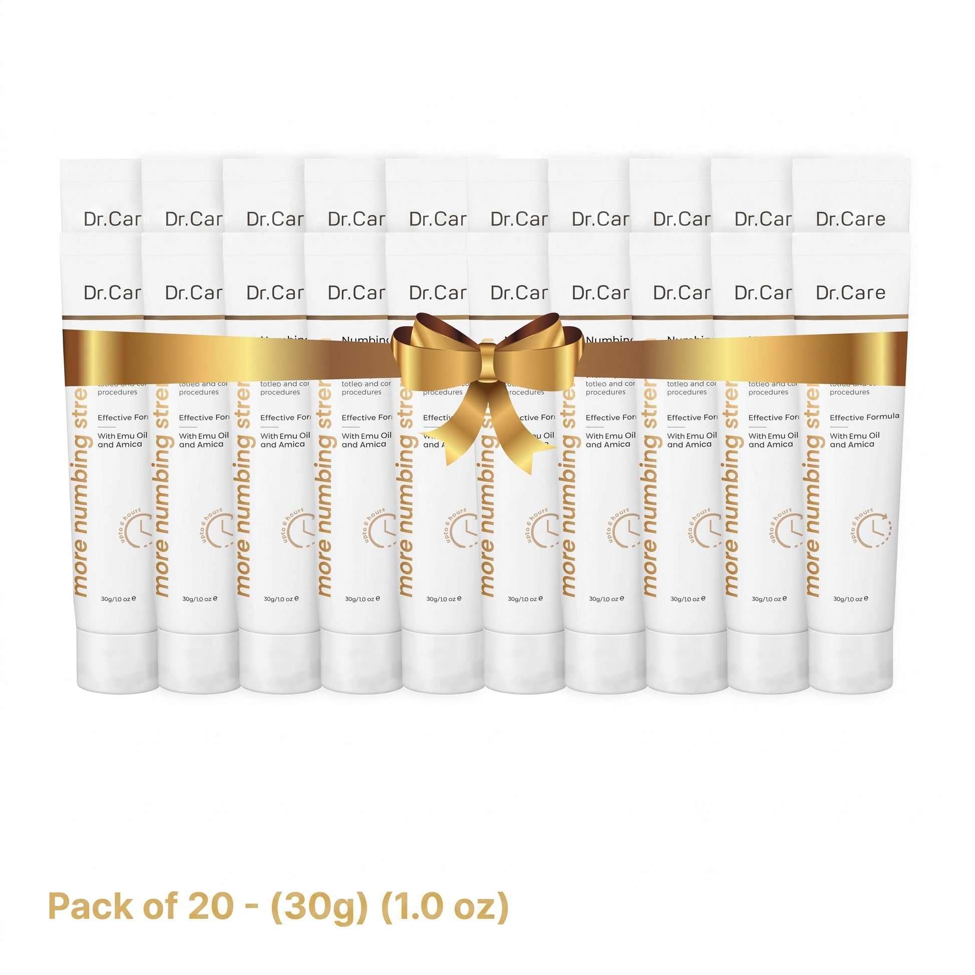 Twenty 30g tubes of Dr. Care Numbing Cream tied with a gold ribbon, the largest pay for 10 get 10 free option