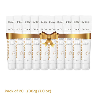 Twenty 30g tubes of Dr. Care Numbing Cream tied with a gold ribbon, the largest pay for 10 get 10 free option