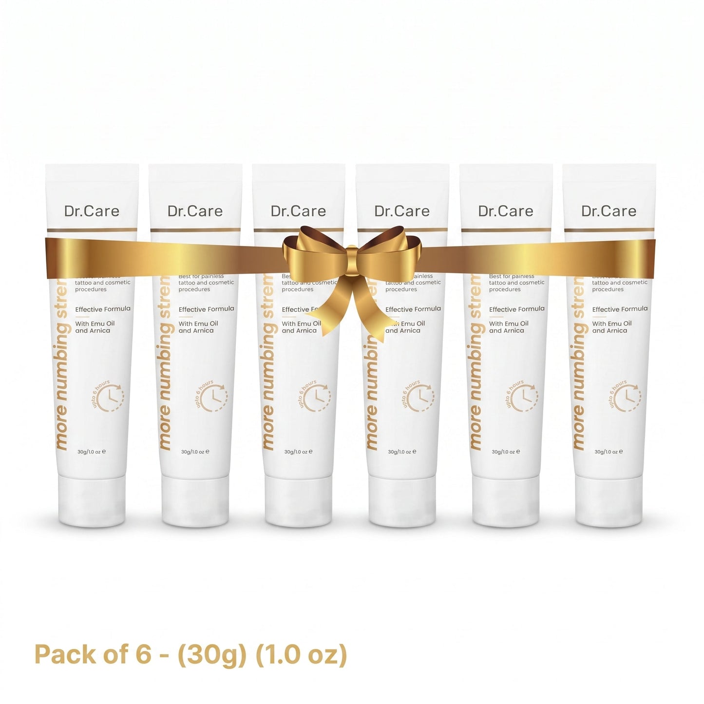 Six 30g tubes of Dr. Care Numbing Cream tied with a gold ribbon, the pay for 3 get 3 free option
