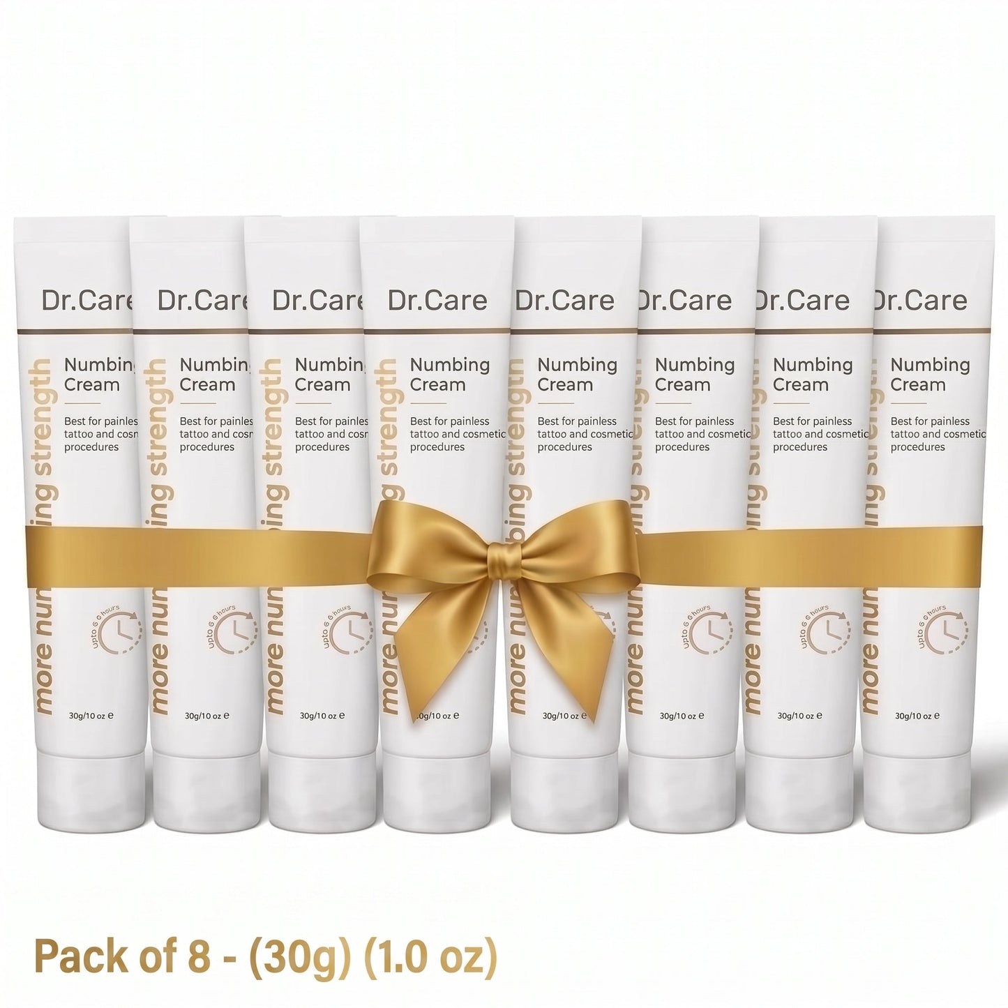 Eight 30g tubes of Dr. Care Numbing Cream tied with a gold ribbon, the pay for 4 get 4 free option