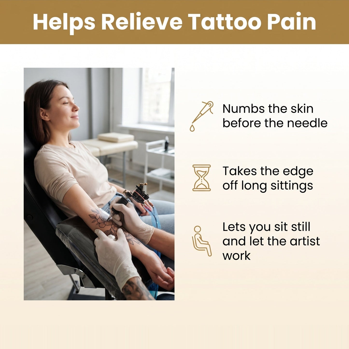 A relaxed client reclining in a tattoo studio chair while an artist works on their forearm, showing how Dr. Care Numbing Cream helps relieve tattoo pain