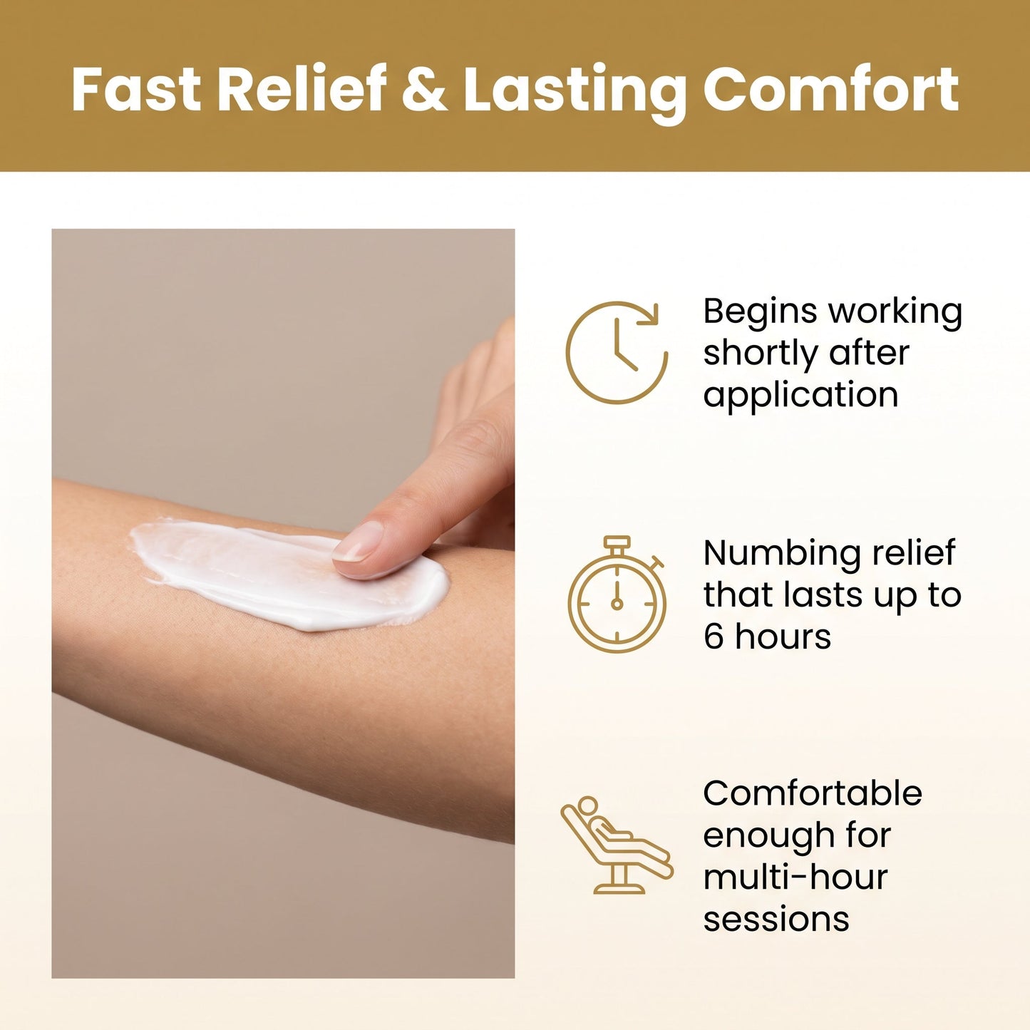Cream being smoothed onto a forearm, with points explaining that Dr. Care Numbing Cream begins working shortly after application and lasts up to 6 hours